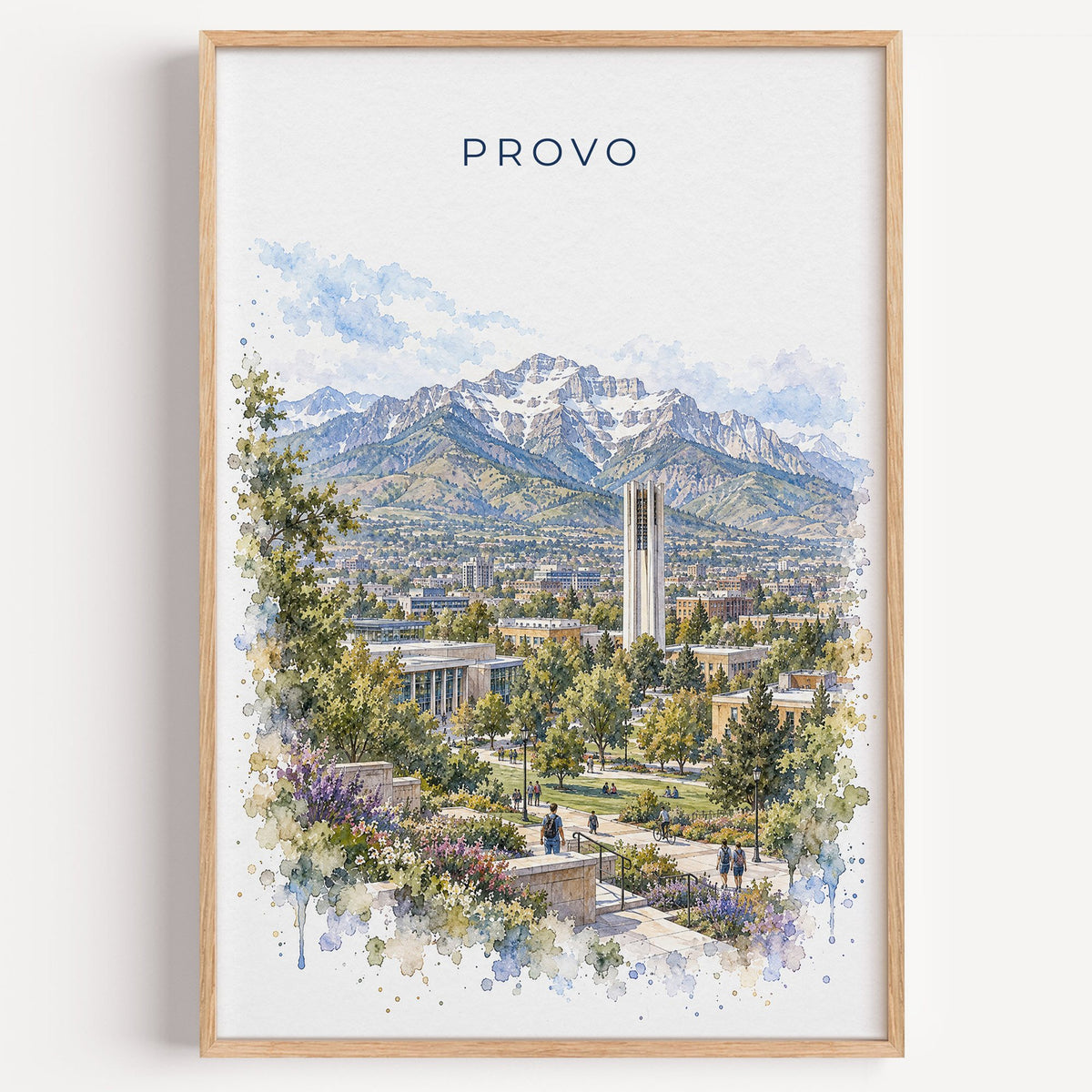 Provo watercolor print in a light oak frame on a plain white wall