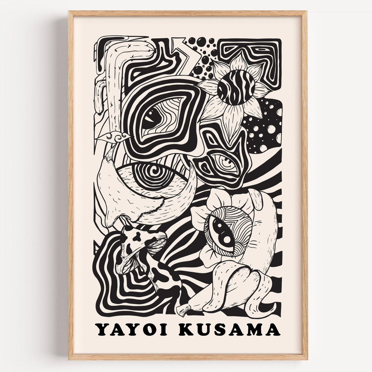 Yayoi Kusama inspired psychedelic eyes and mushroom print on a plain white wall
