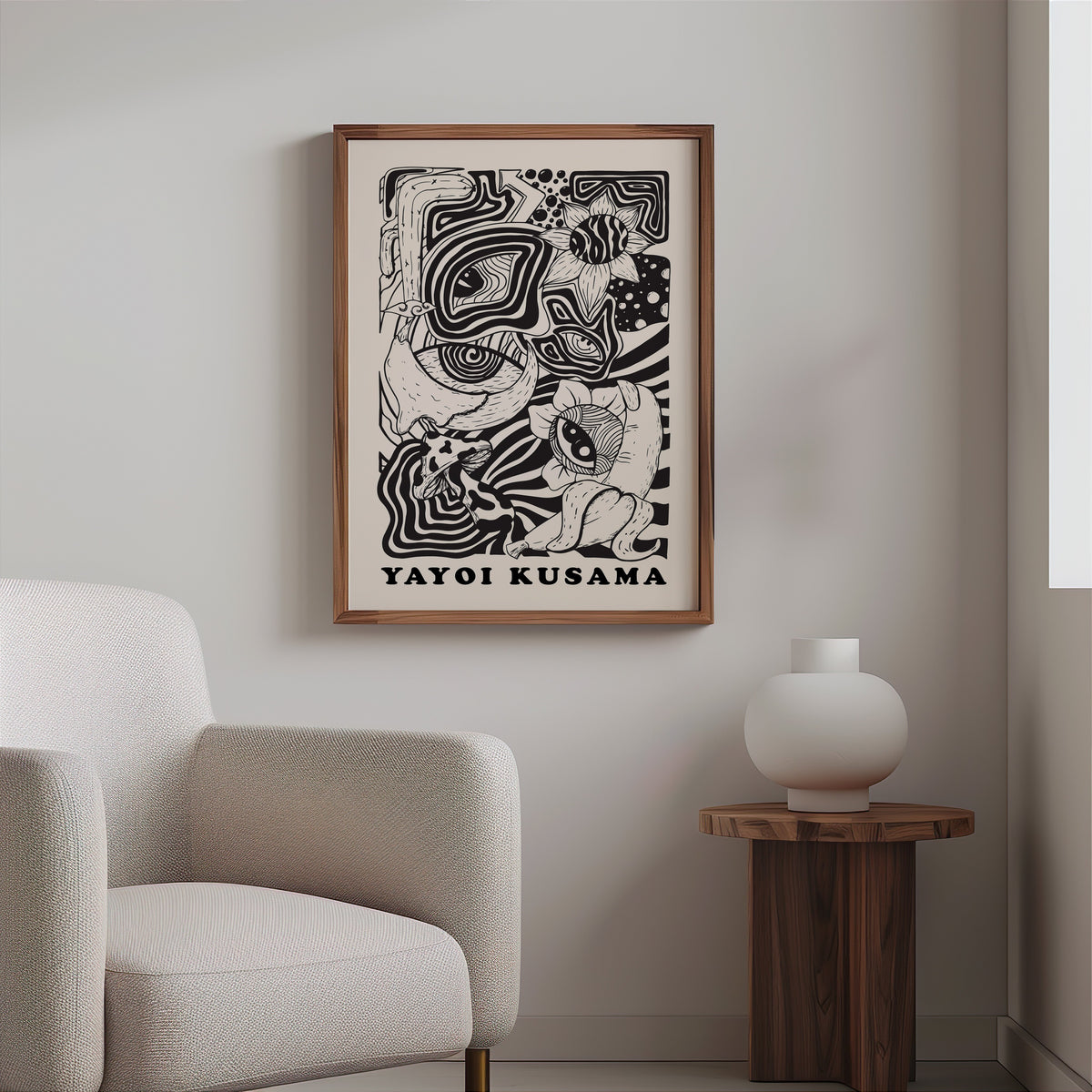 Yayoi Kusama inspired psychedelic eyes and mushroom print in a walnut frame above a boucle armchair