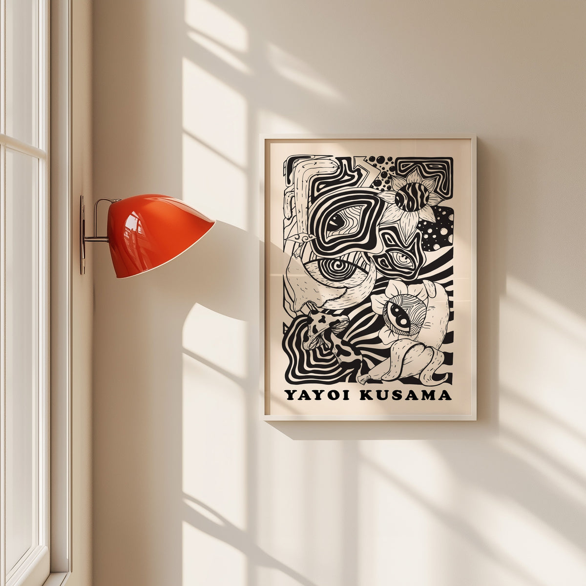 Yayoi Kusama inspired psychedelic eyes and mushroom print in a white frame beside a red wall sconce