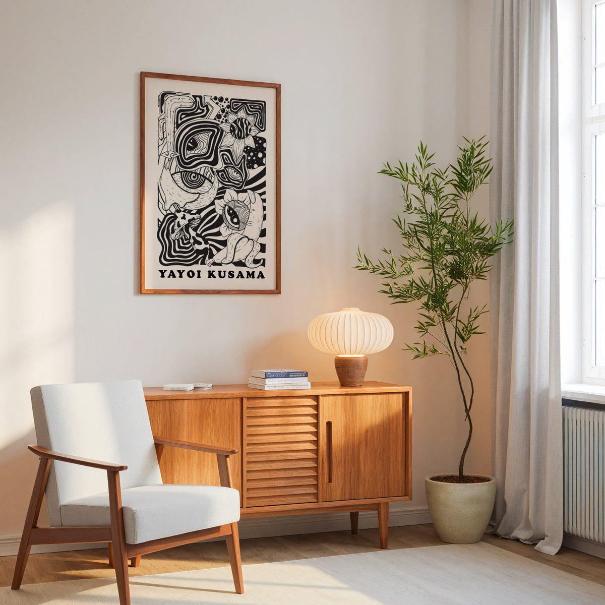 Yayoi Kusama inspired psychedelic eyes and mushroom print in an oak frame above a mid century sideboard