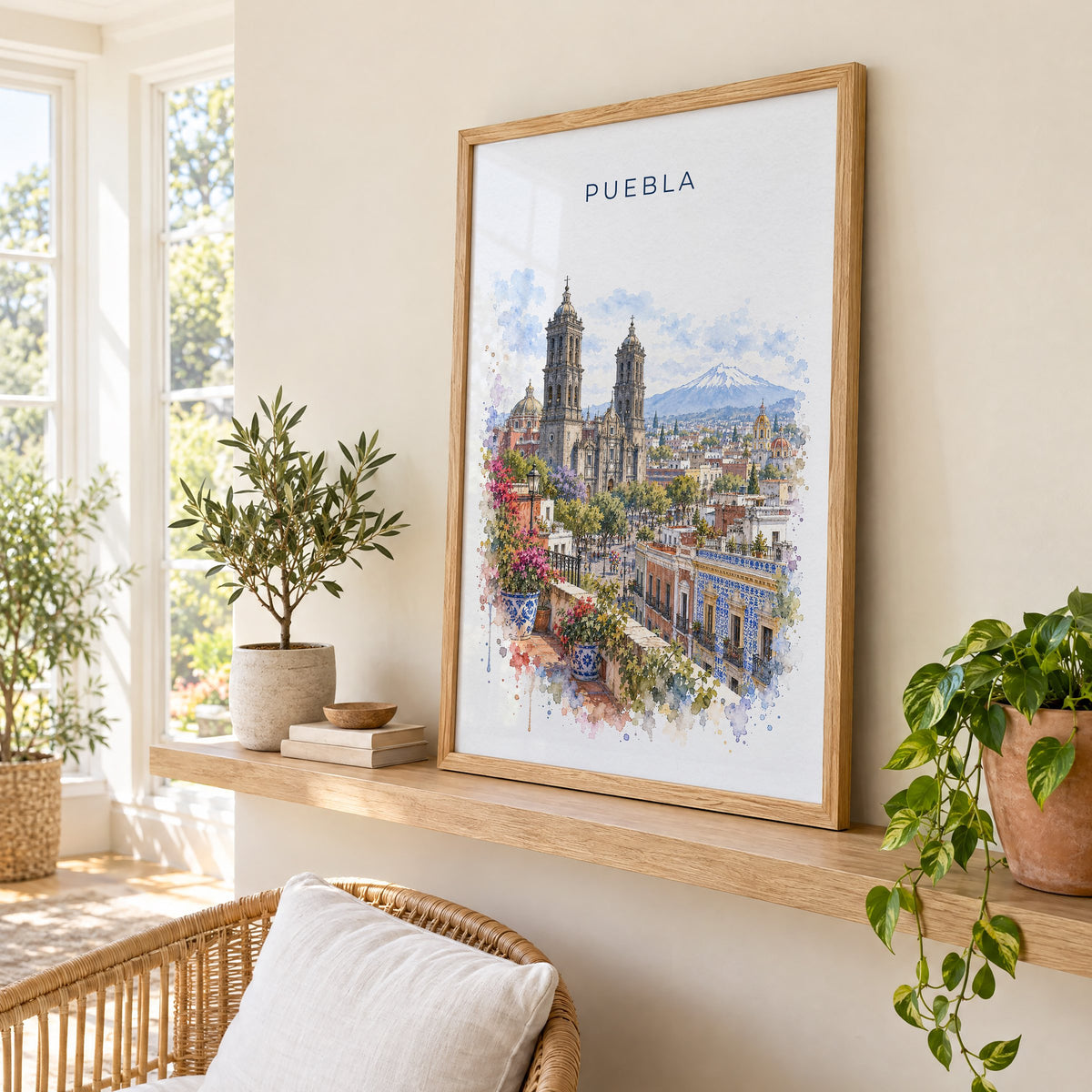 Puebla watercolor print in an oak frame on a picture ledge in a sunlit sunroom