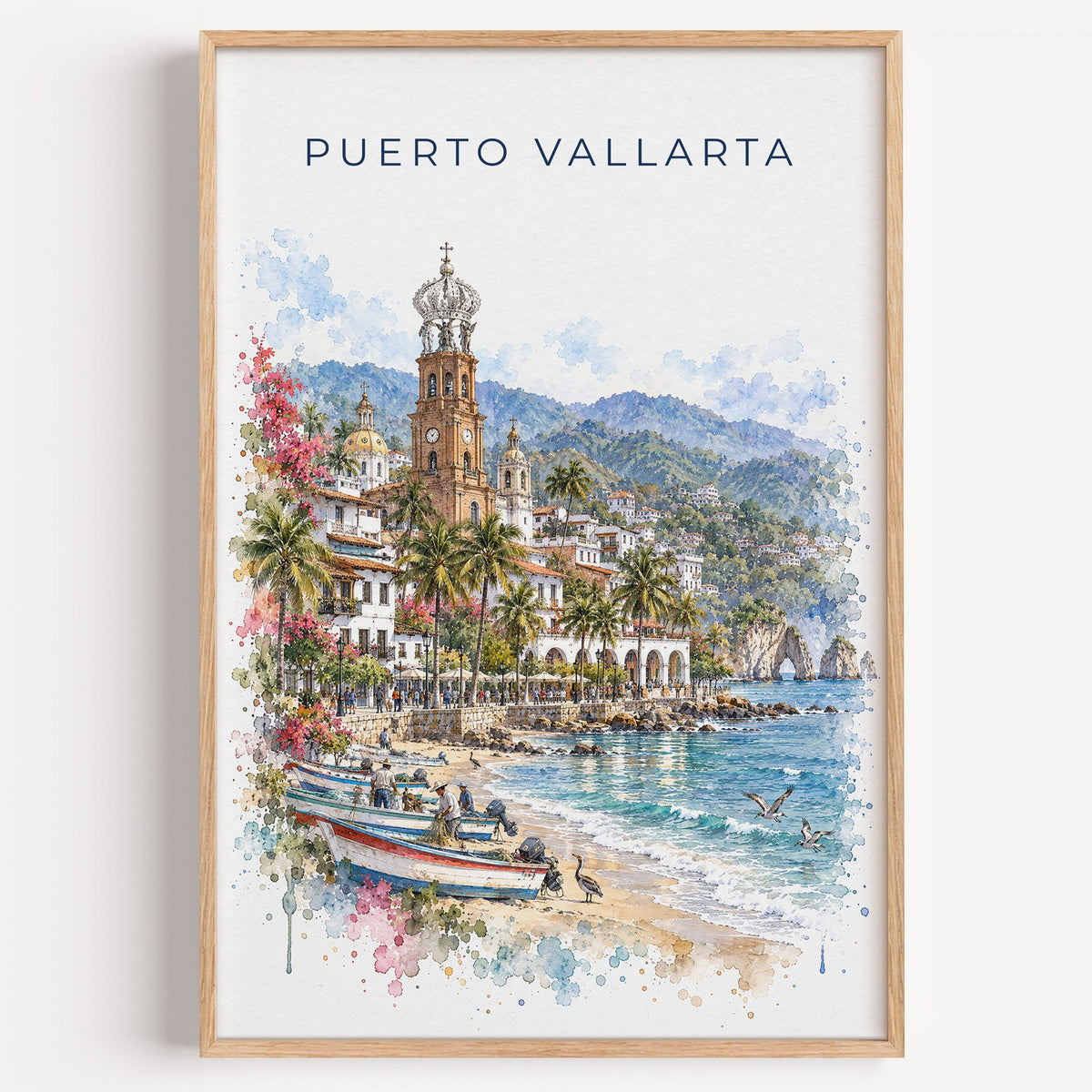 Puerto Vallarta watercolor print in a light oak frame on a plain white wall