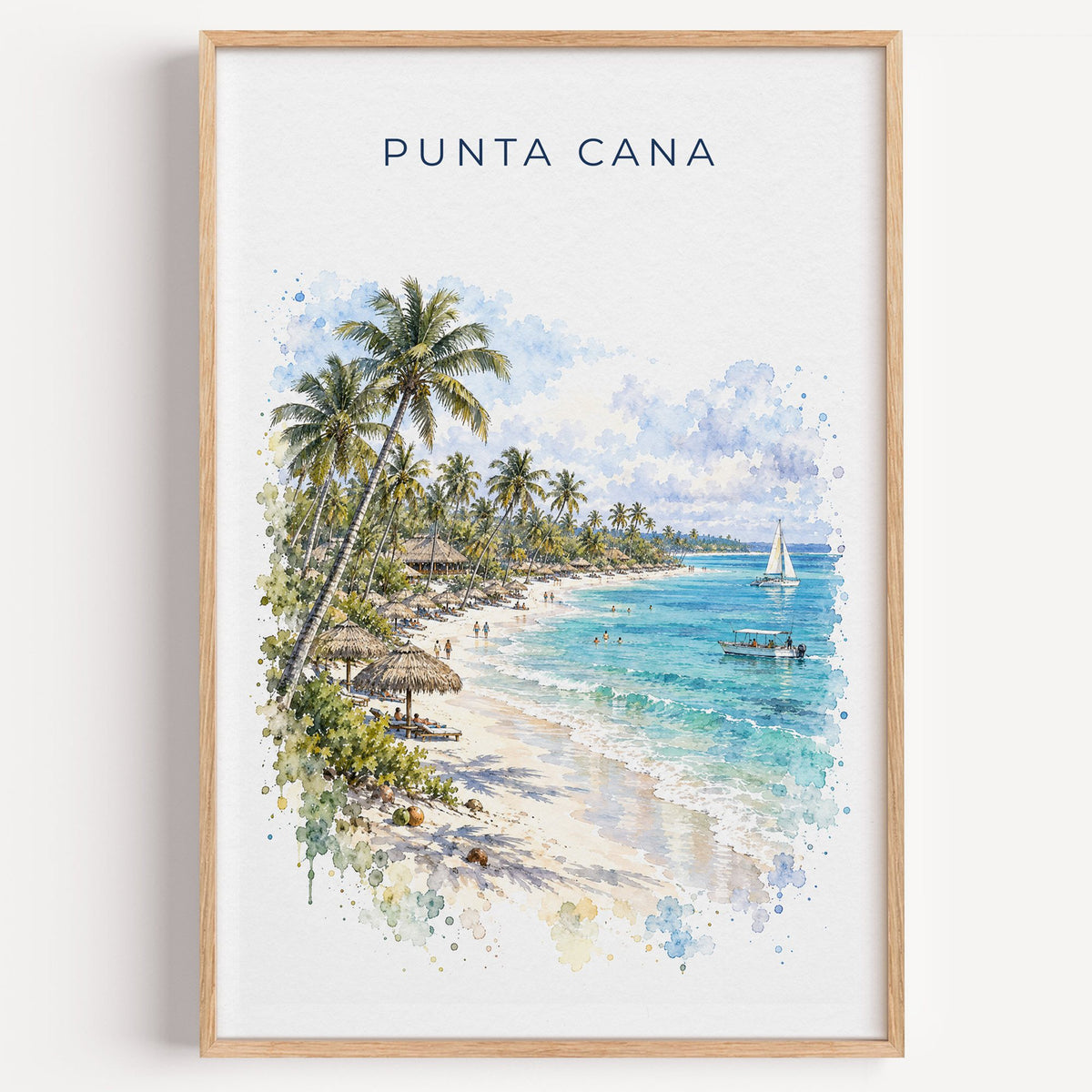 Punta Cana watercolor print in a light oak frame on a plain white wall