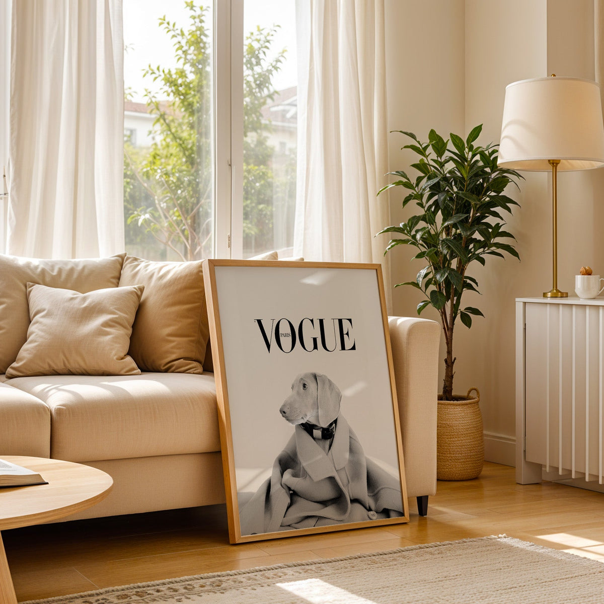 Puppy in oversized wool coat magazine cover print in a light oak frame leaning on a cream sofa beside a floor lamp