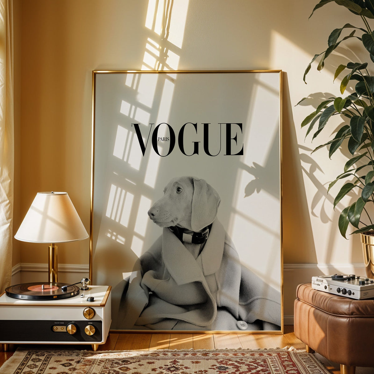 Puppy in oversized wool coat magazine cover print shown in a gold frame beside a record player and table lamp
