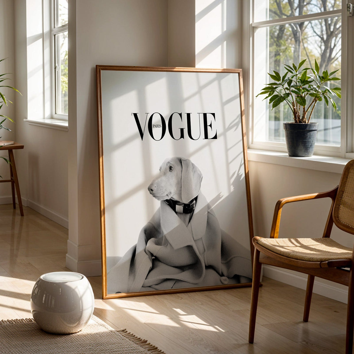 Puppy in oversized wool coat magazine cover print in a walnut frame on a wood floor beside a cane chair and sunny window
