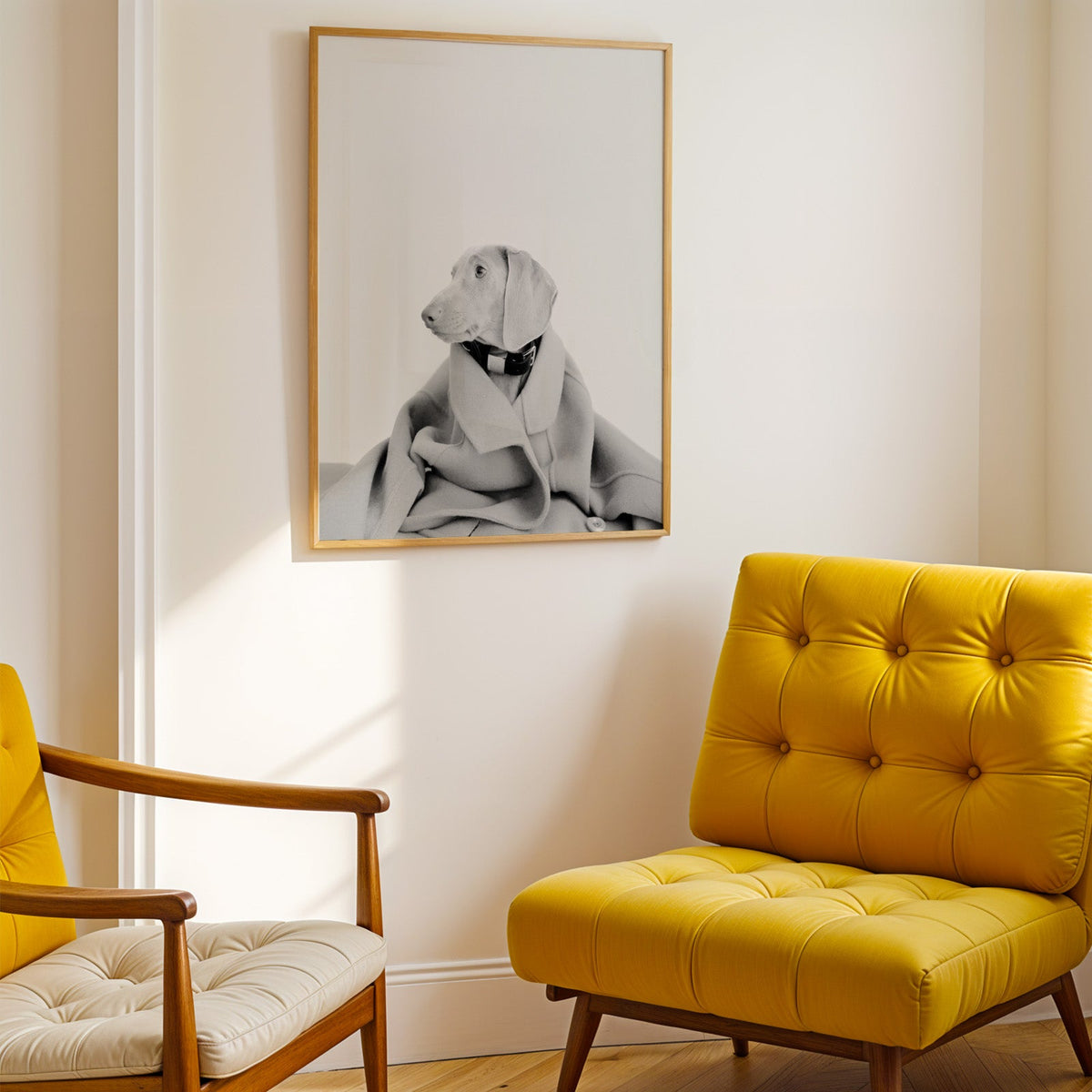 Puppy in oversized wool coat on light gray print shown in a gold frame above a mustard yellow tufted armchair