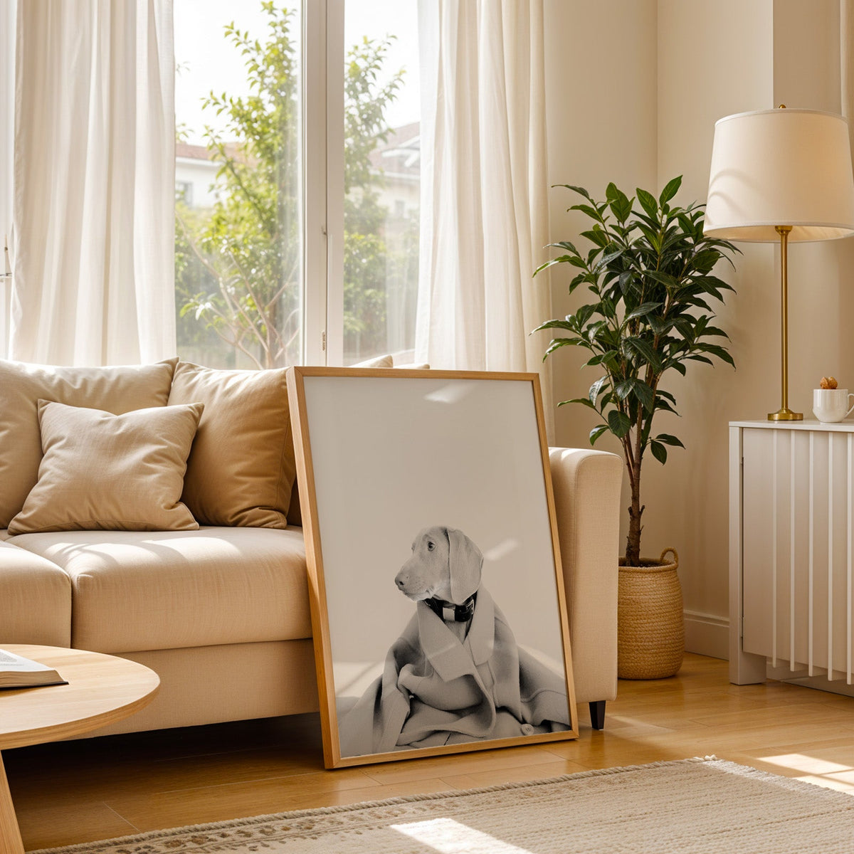 Puppy in oversized wool coat on light gray print in a light oak frame leaning on a cream sofa beside a floor lamp