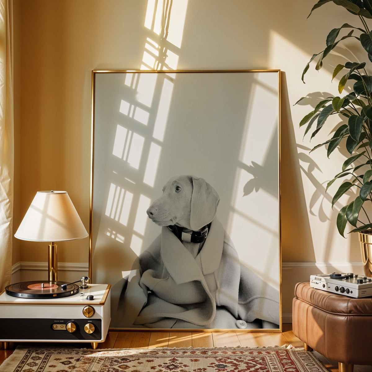 Puppy in oversized wool coat on light gray print shown in a gold frame beside a record player and table lamp