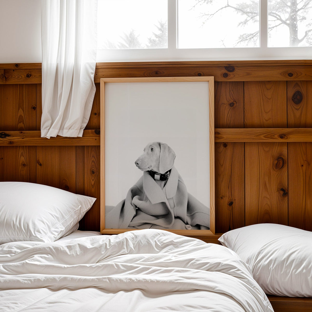 Puppy in oversized wool coat on light gray print in a pine frame leaning on a wood headboard over white bedding