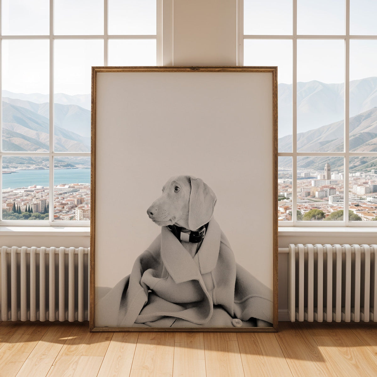 Puppy in oversized wool coat on light gray print shown in an antique gold frame by tall windows with a sea view