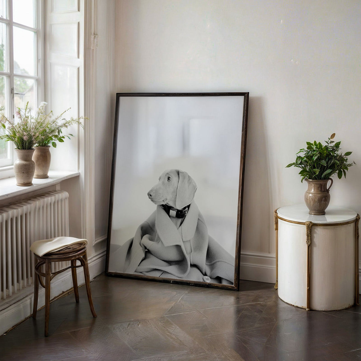 Puppy in oversized wool coat on light gray print in a black frame on a dark stone floor beside a white side table