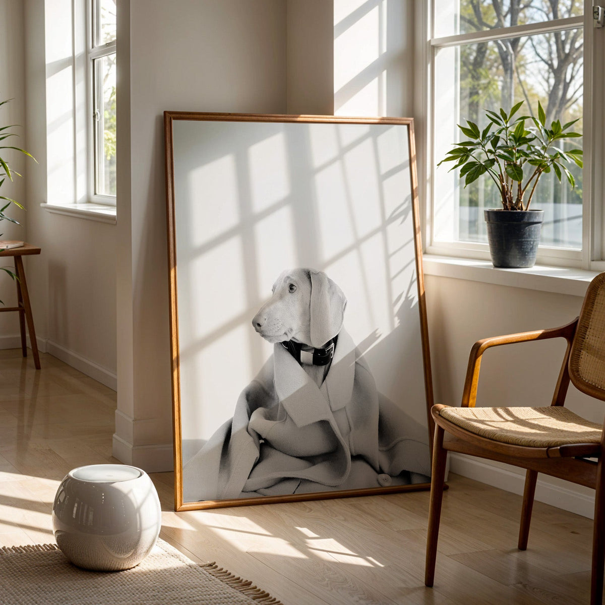 Puppy in oversized wool coat on light gray print in a walnut frame on a wood floor beside a cane chair and sunny window