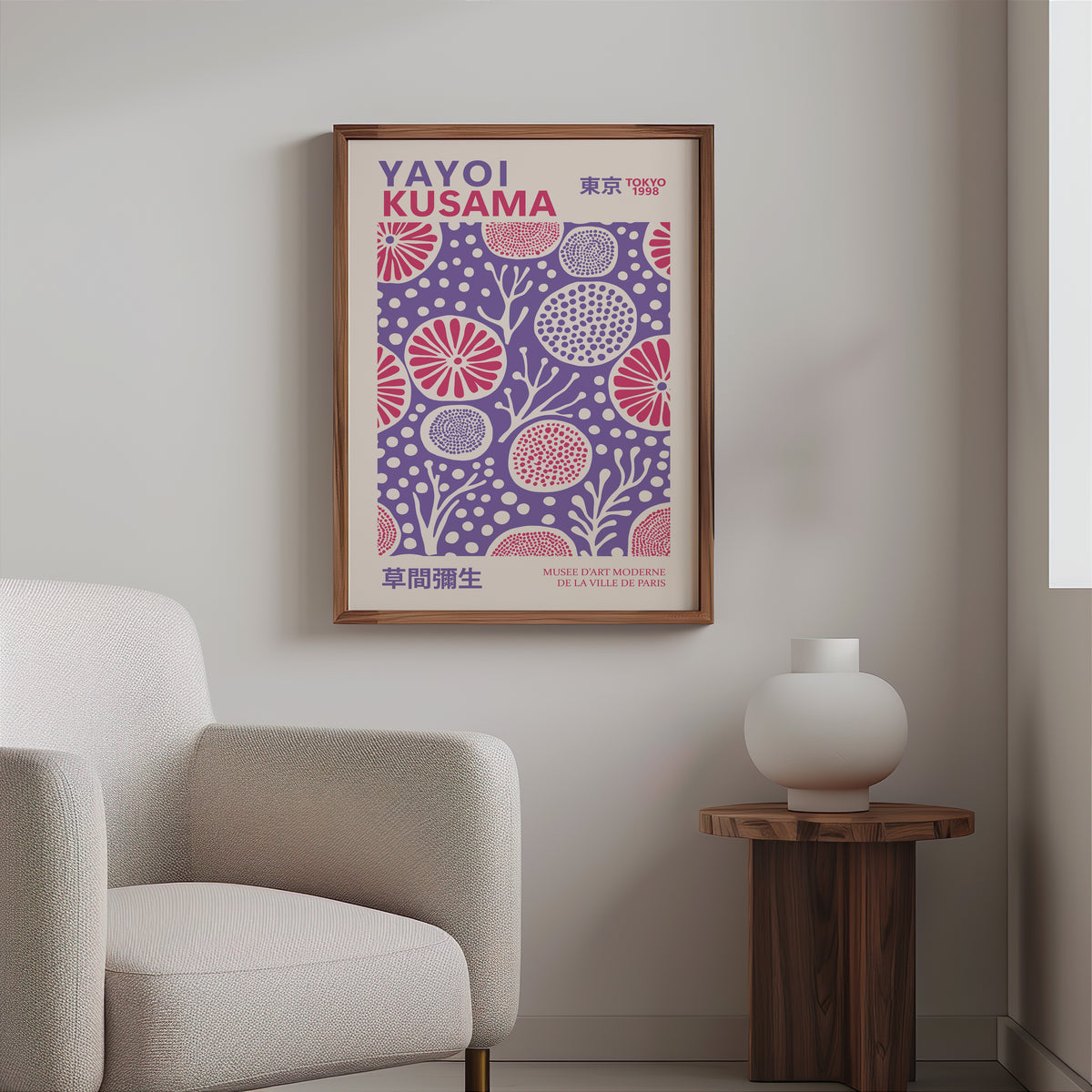 Yayoi Kusama inspired purple and pink floral dot print above a cream boucle armchair