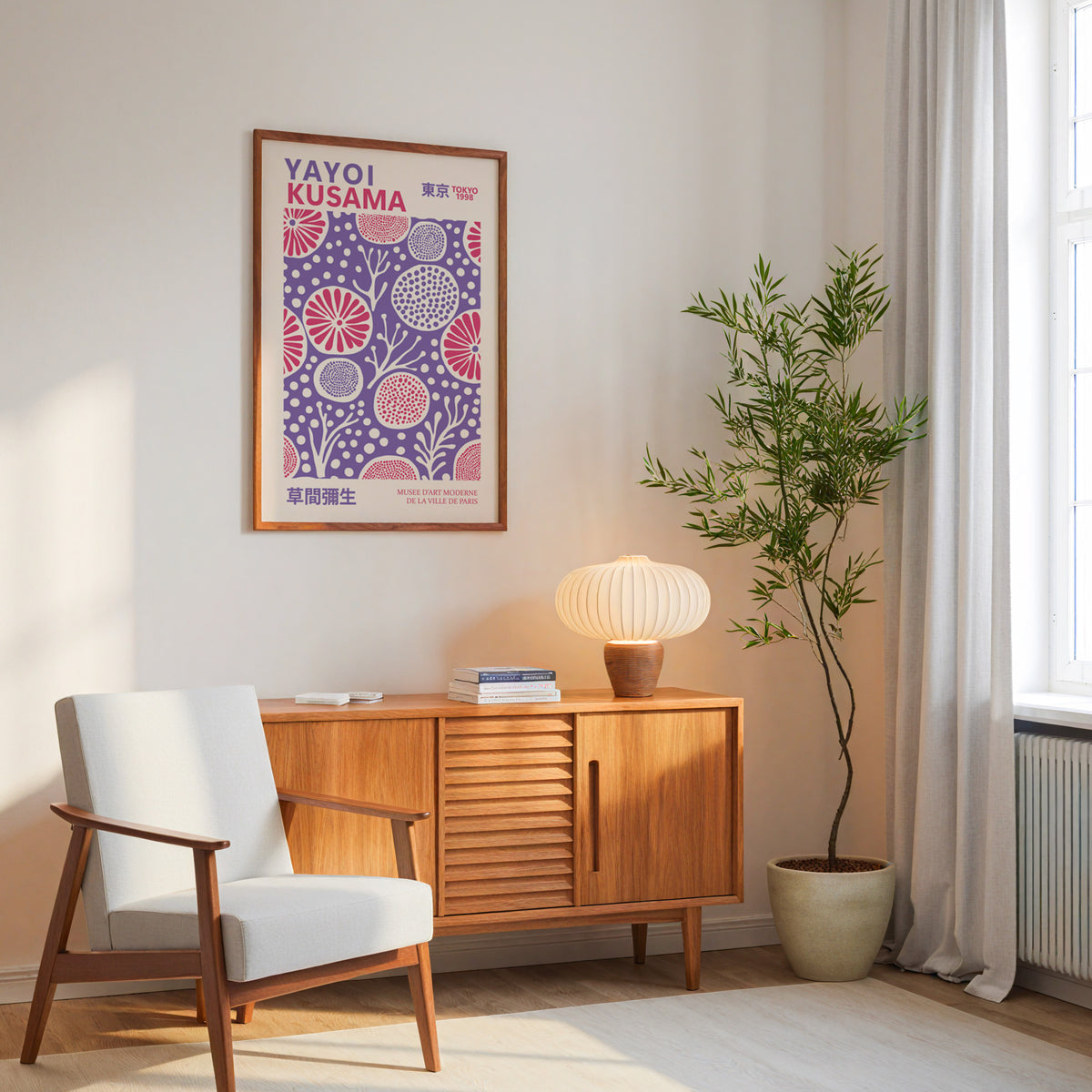 Yayoi Kusama inspired purple and pink floral dot print above a mid-century sideboard