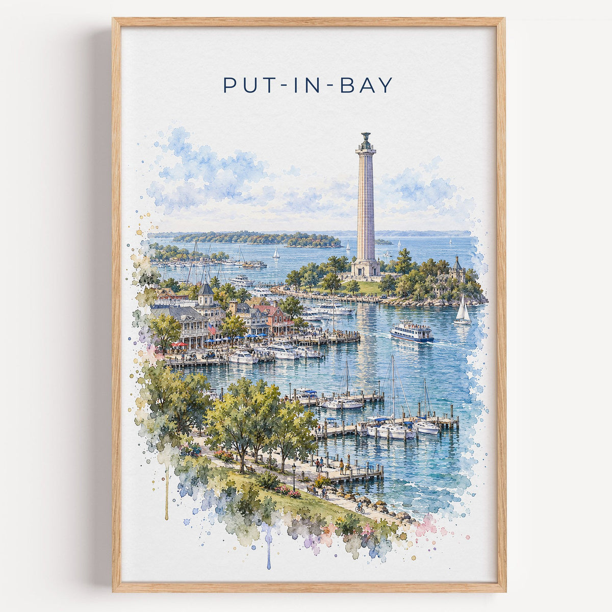 Put-in-Bay watercolor print in a light oak frame on a plain white wall