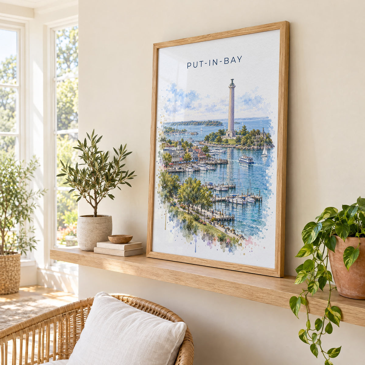 Put-in-Bay watercolor print in an oak frame on a picture ledge in a sunlit sunroom
