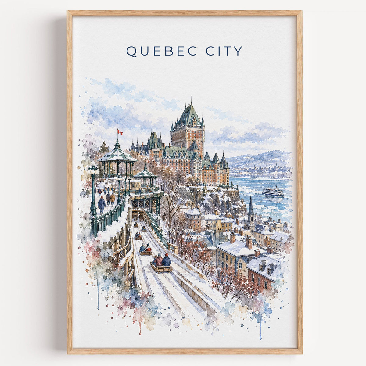 Quebec City watercolor print in a light oak frame on a plain white wall