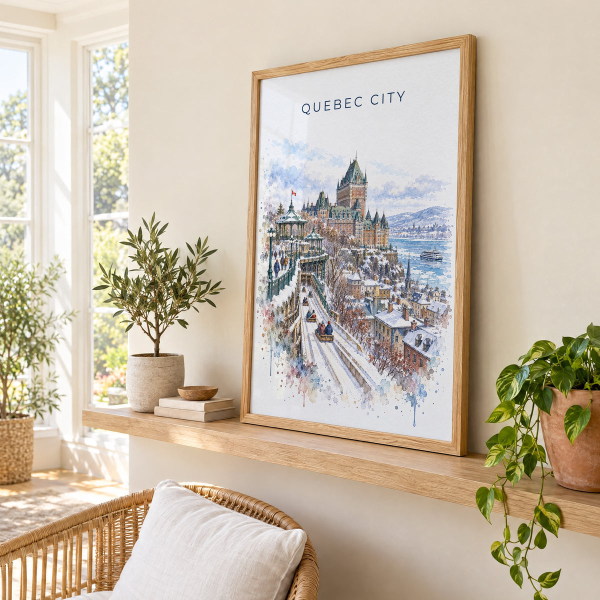 Quebec City watercolor print in an oak frame on a picture ledge in a sunlit sunroom