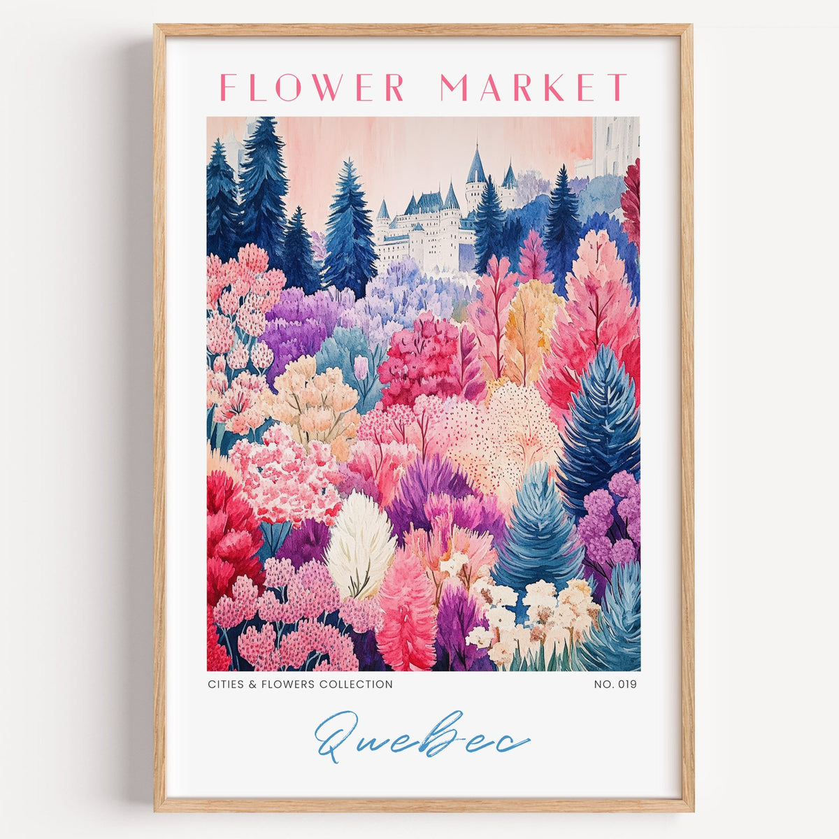Quebec flower market print in a light oak frame on a plain white wall