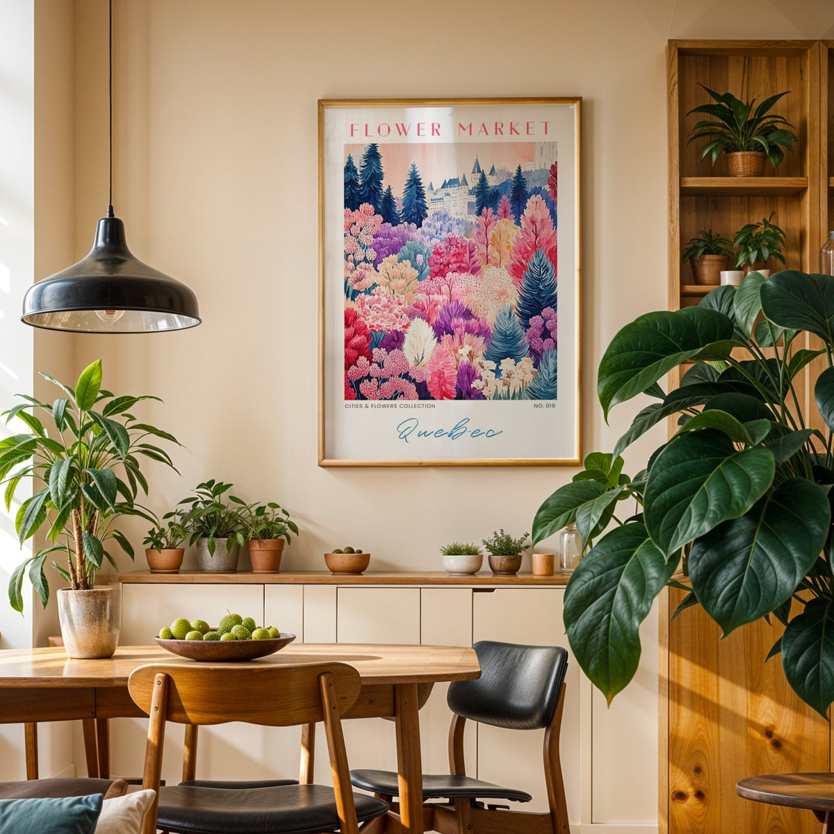 Quebec flower market print in an oak frame above a dining sideboard lined with potted plants