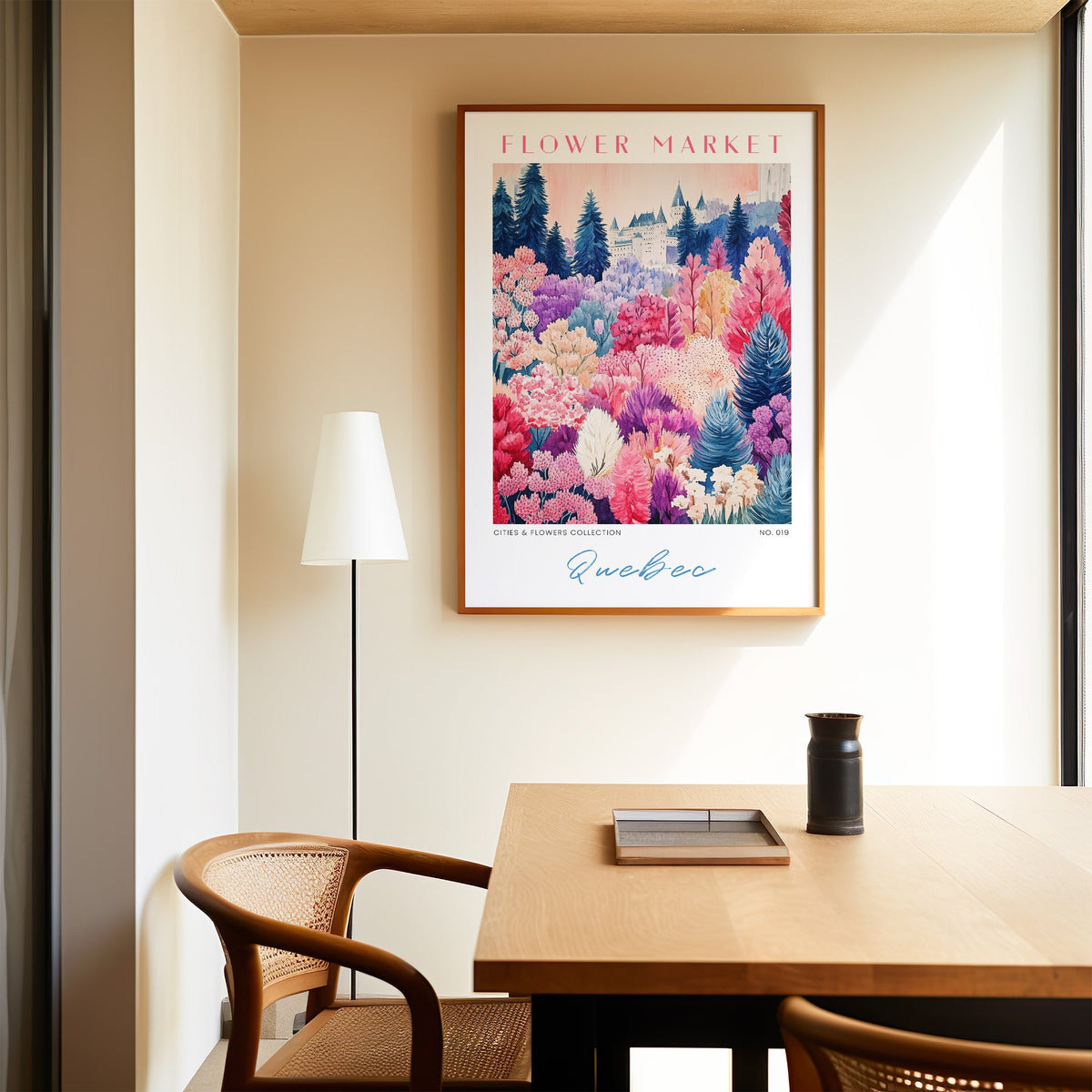 Quebec flower market print in an oak frame above a dining table and cane chair