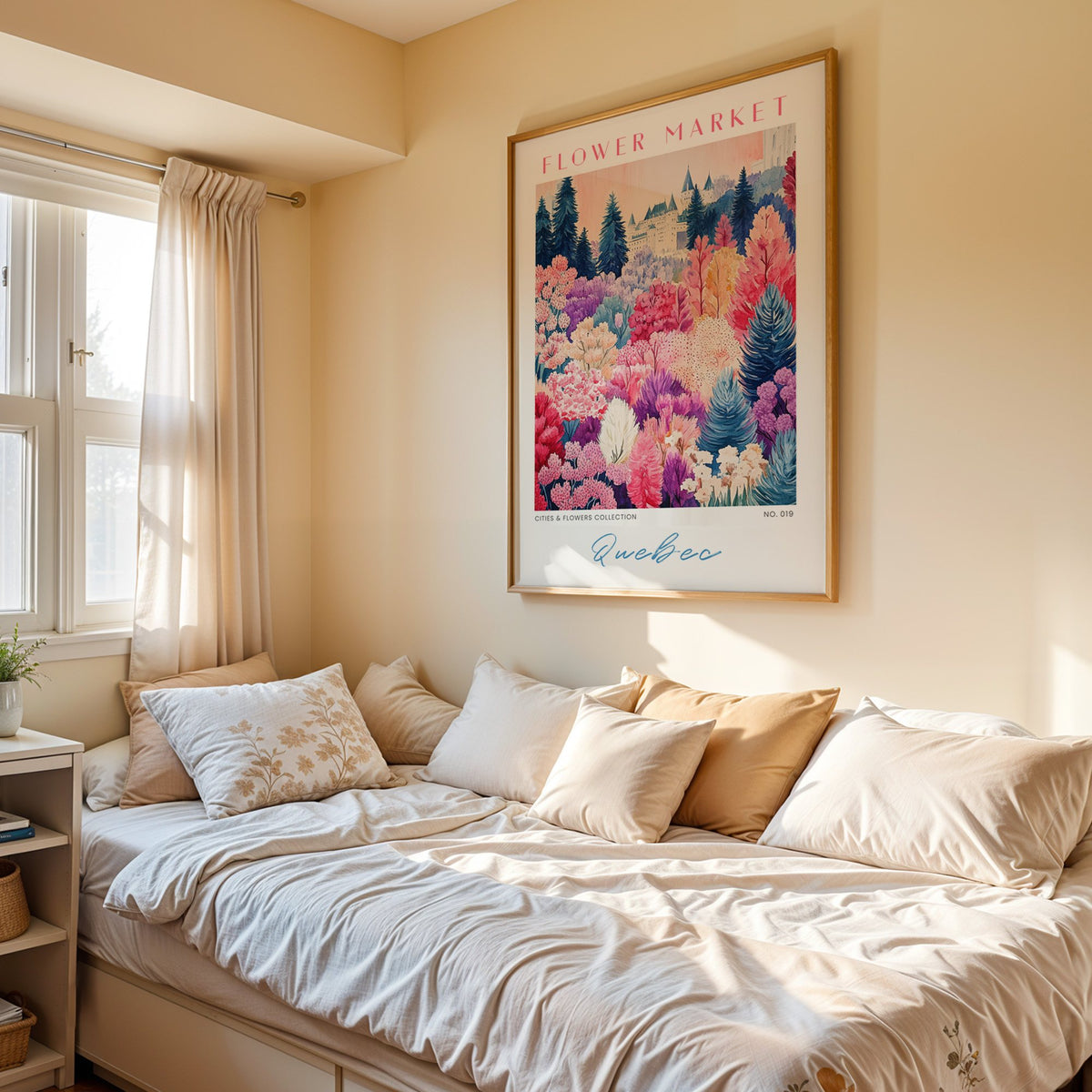 Quebec flower market print in an oak frame above a cream daybed in a sunny bedroom
