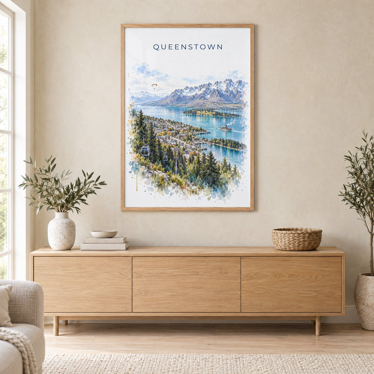 Queenstown watercolor print in an oak frame above a light wood sideboard in a Scandinavian living room