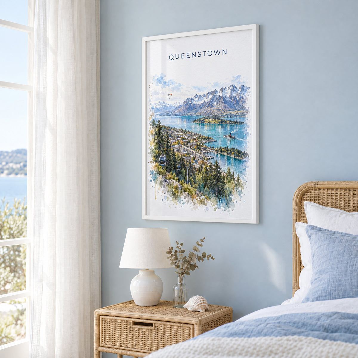 Queenstown watercolor print in a white frame on a pale blue wall beside a rattan bed in a coastal bedroom