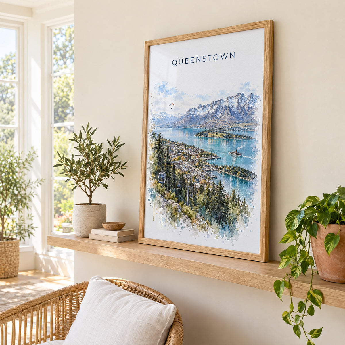 Queenstown watercolor print in an oak frame on a picture ledge in a sunlit sunroom