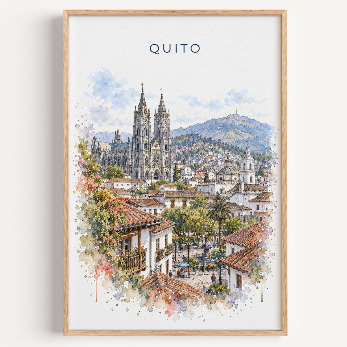 Quito watercolor print in a light oak frame on a plain white wall