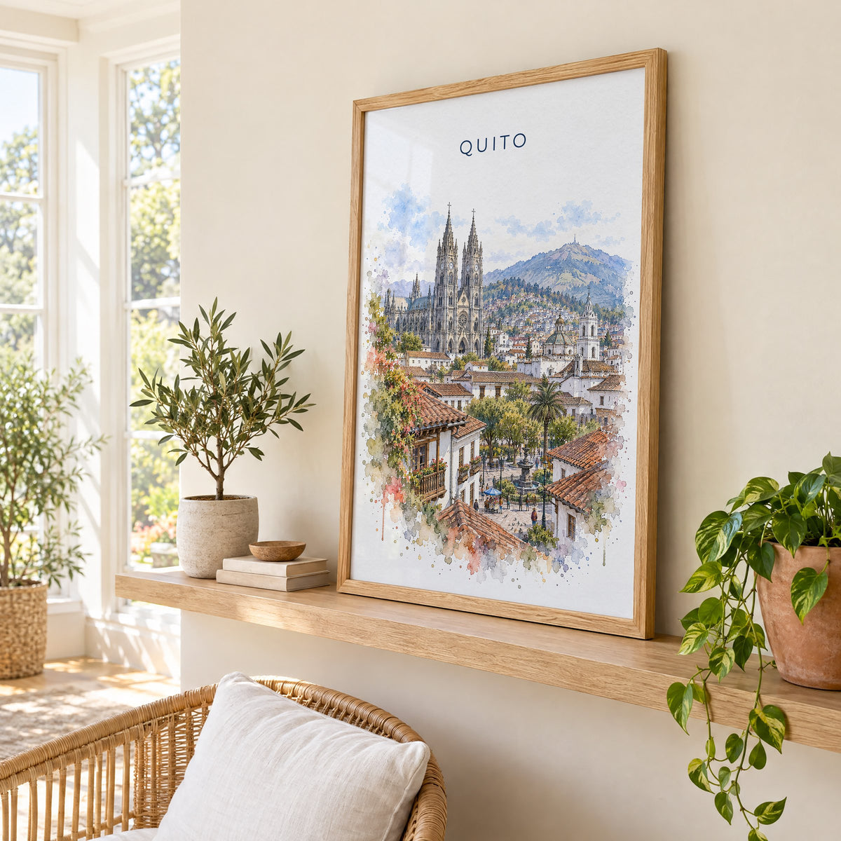 Quito watercolor print in an oak frame on a picture ledge in a sunlit sunroom
