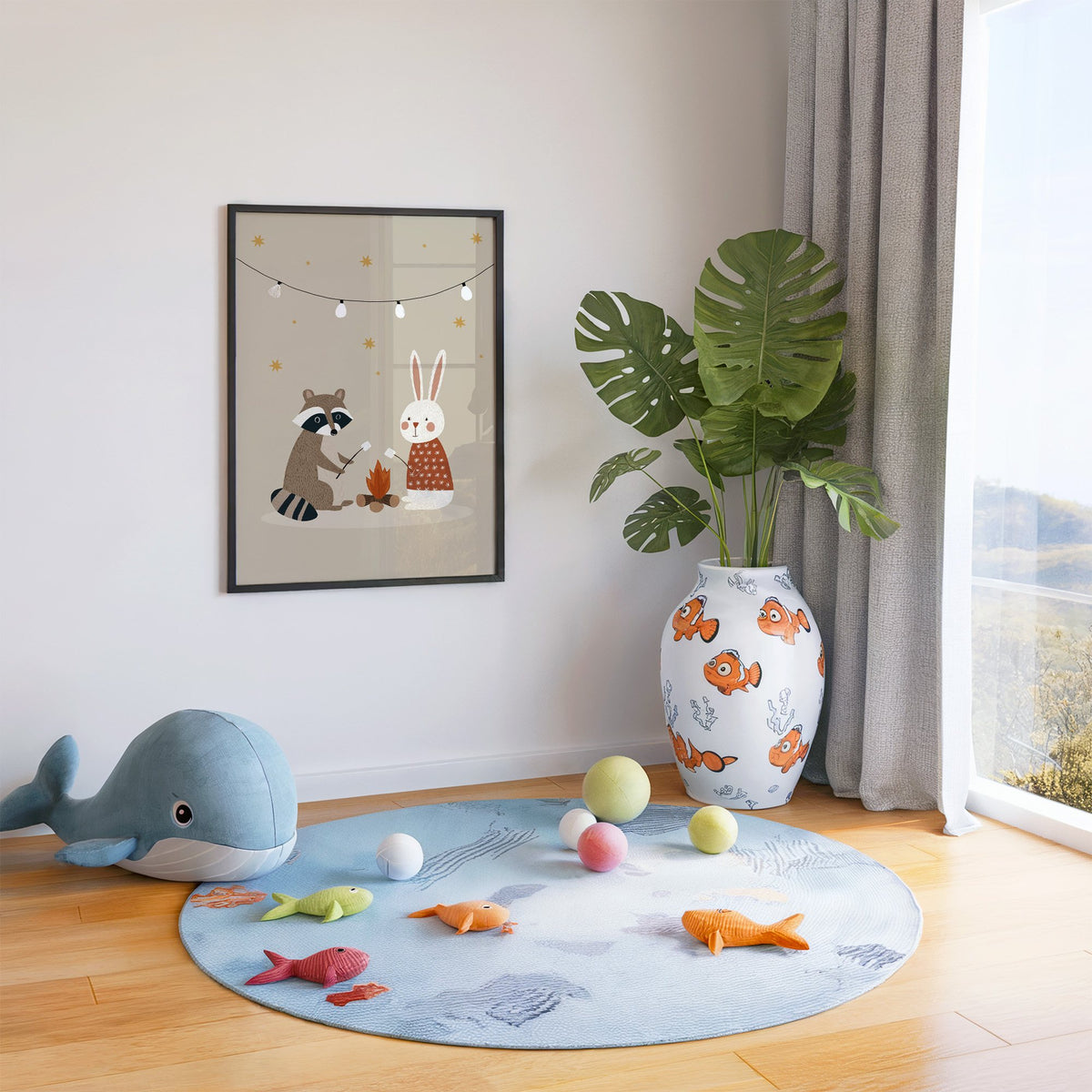 Raccoon and bunny campfire nursery print in a black frame in a playroom with an ocean rug and whale plush