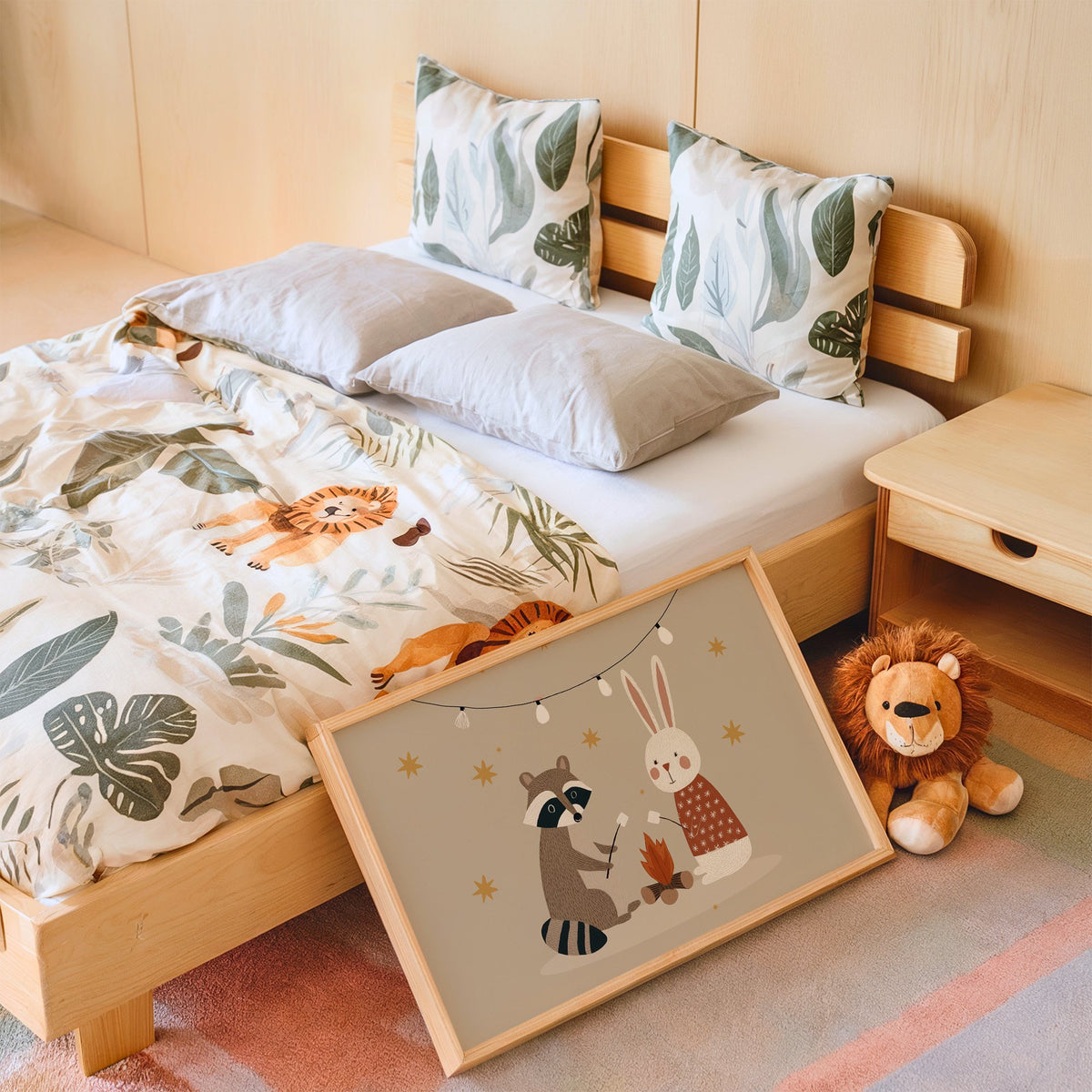 Landscape raccoon and bunny campfire nursery print in an oak frame leaning on a kids bed by a lion plush