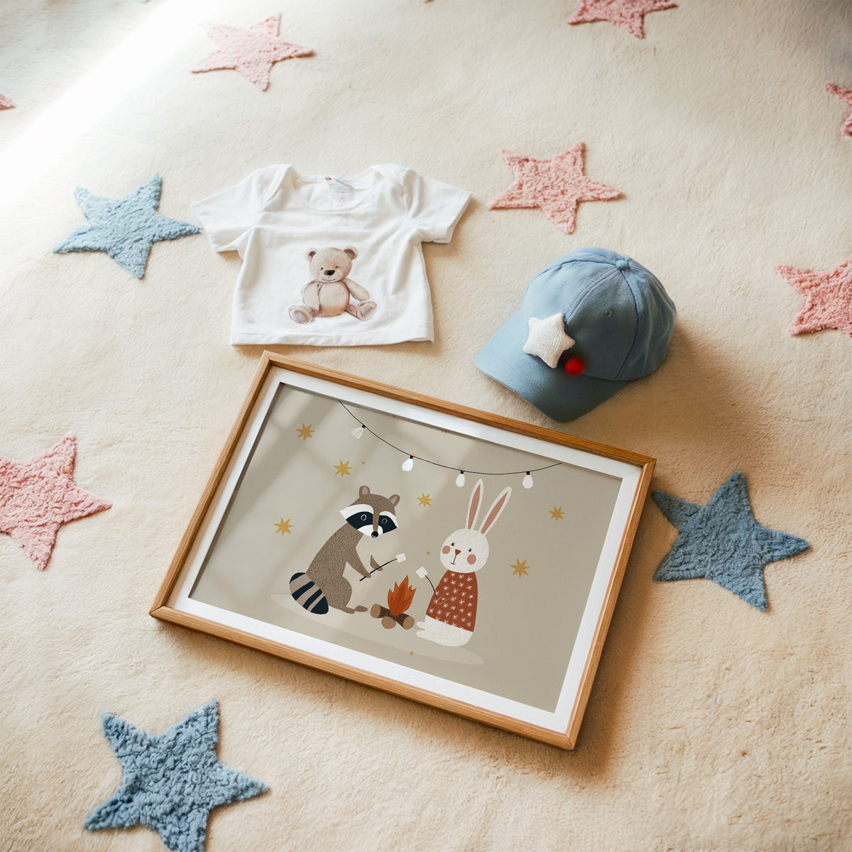 Landscape raccoon and bunny campfire nursery print in a matted oak frame on a star rug with a baby tee
