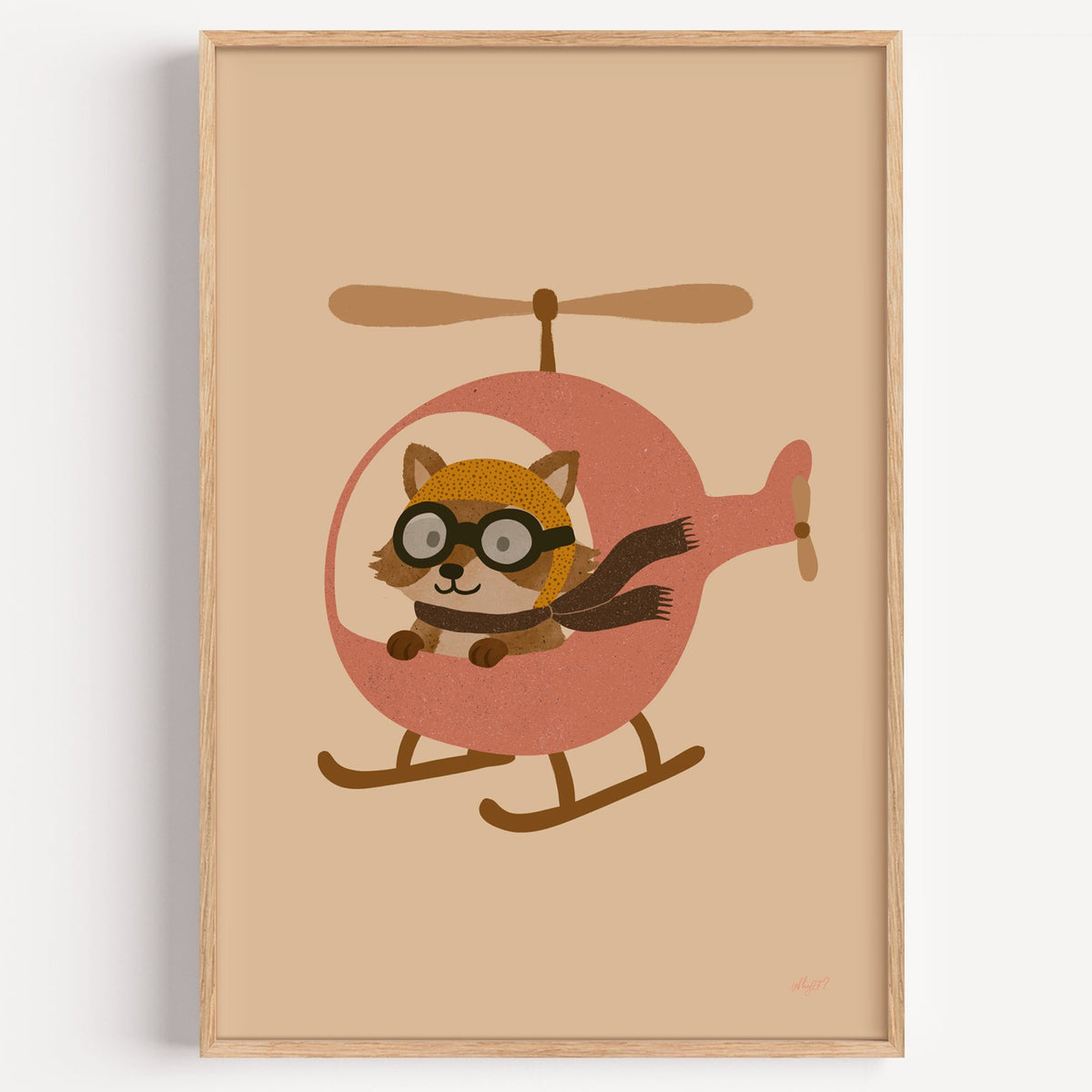 Raccoon pilot in pink helicopter nursery print in a light oak frame on a plain white wall