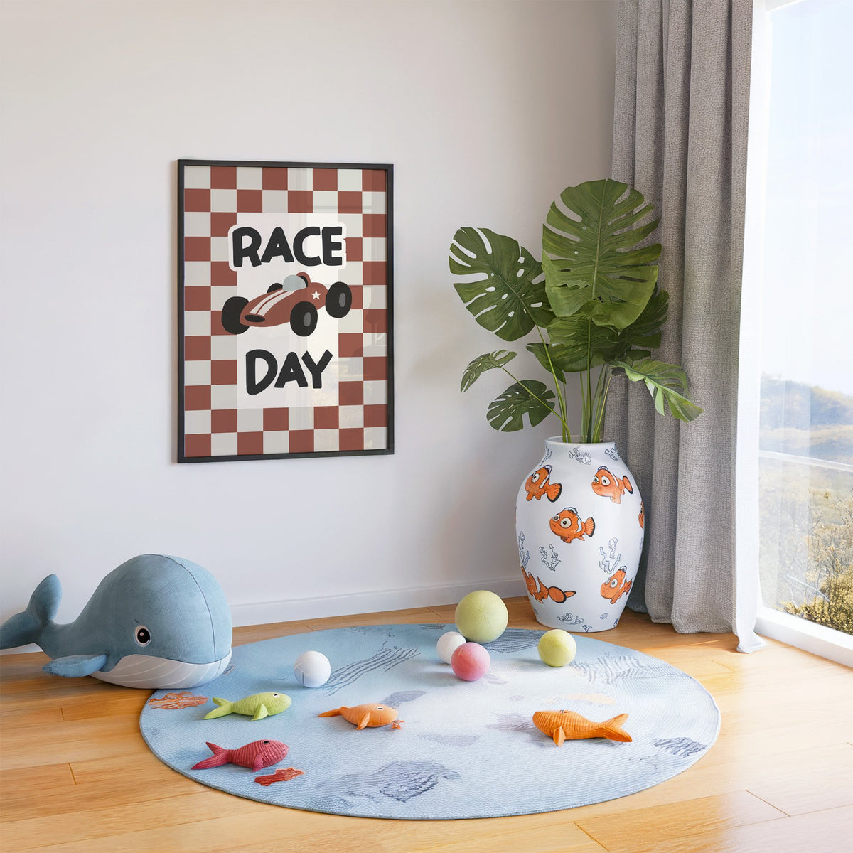 Race day red checkered nursery print in a black frame in a playroom with an ocean rug and whale plush