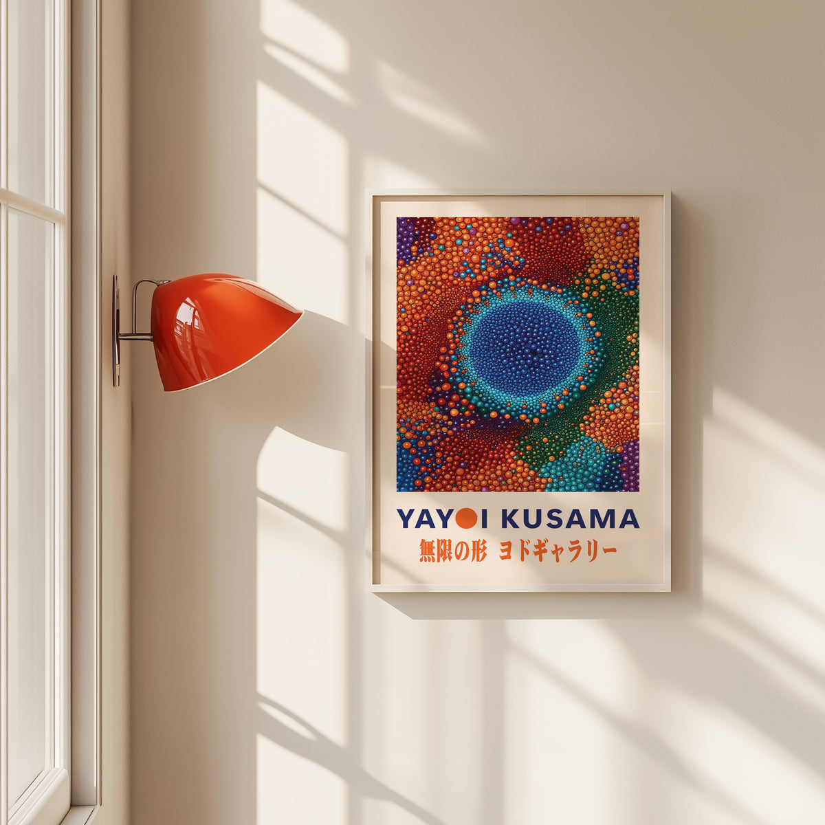 Yayoi Kusama inspired rainbow dot cluster print in a white frame by a red wall lamp