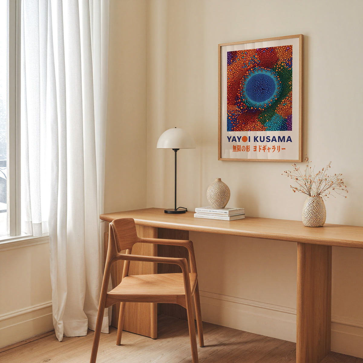 Yayoi Kusama inspired rainbow dot cluster print above a desk with a dome lamp
