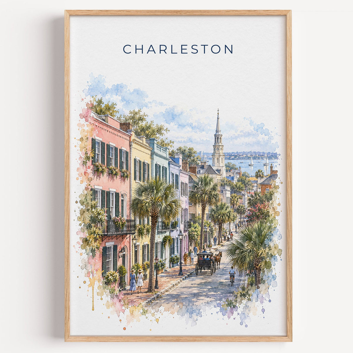 Rainbow Row Charleston watercolor print in a light oak frame on a plain white wall