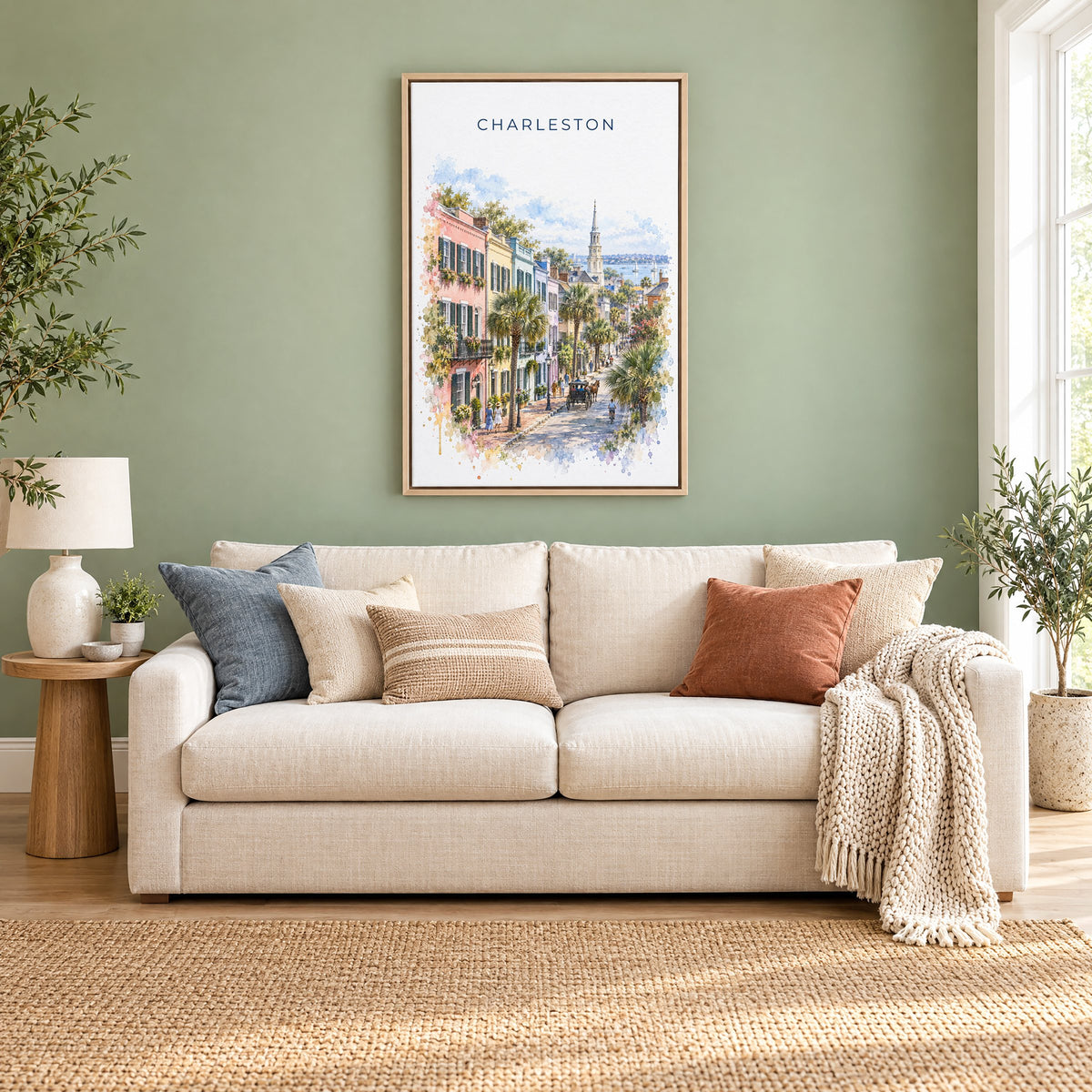 Rainbow Row Charleston watercolor print as a natural floater canvas above a cream linen sofa on a sage green wall