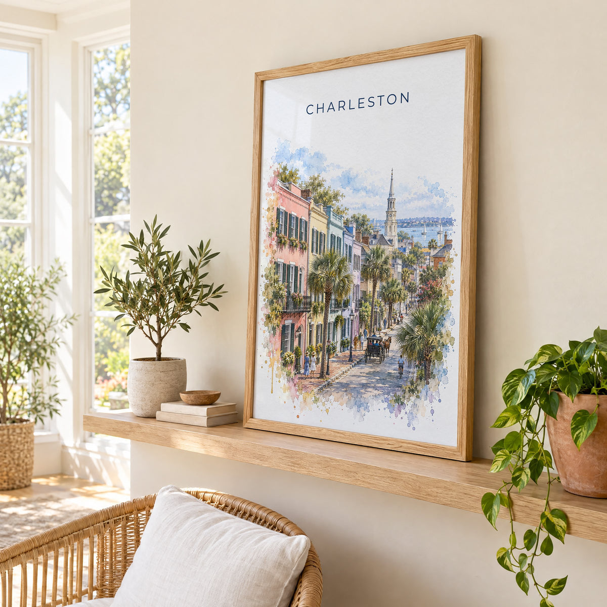 Rainbow Row Charleston watercolor print in an oak frame on a picture ledge in a sunlit sunroom