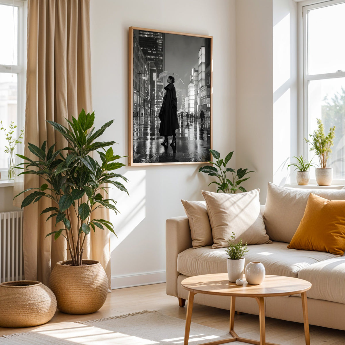 Woman with clear umbrella on rainy night street print in an oak frame above a cream sofa beside woven planters