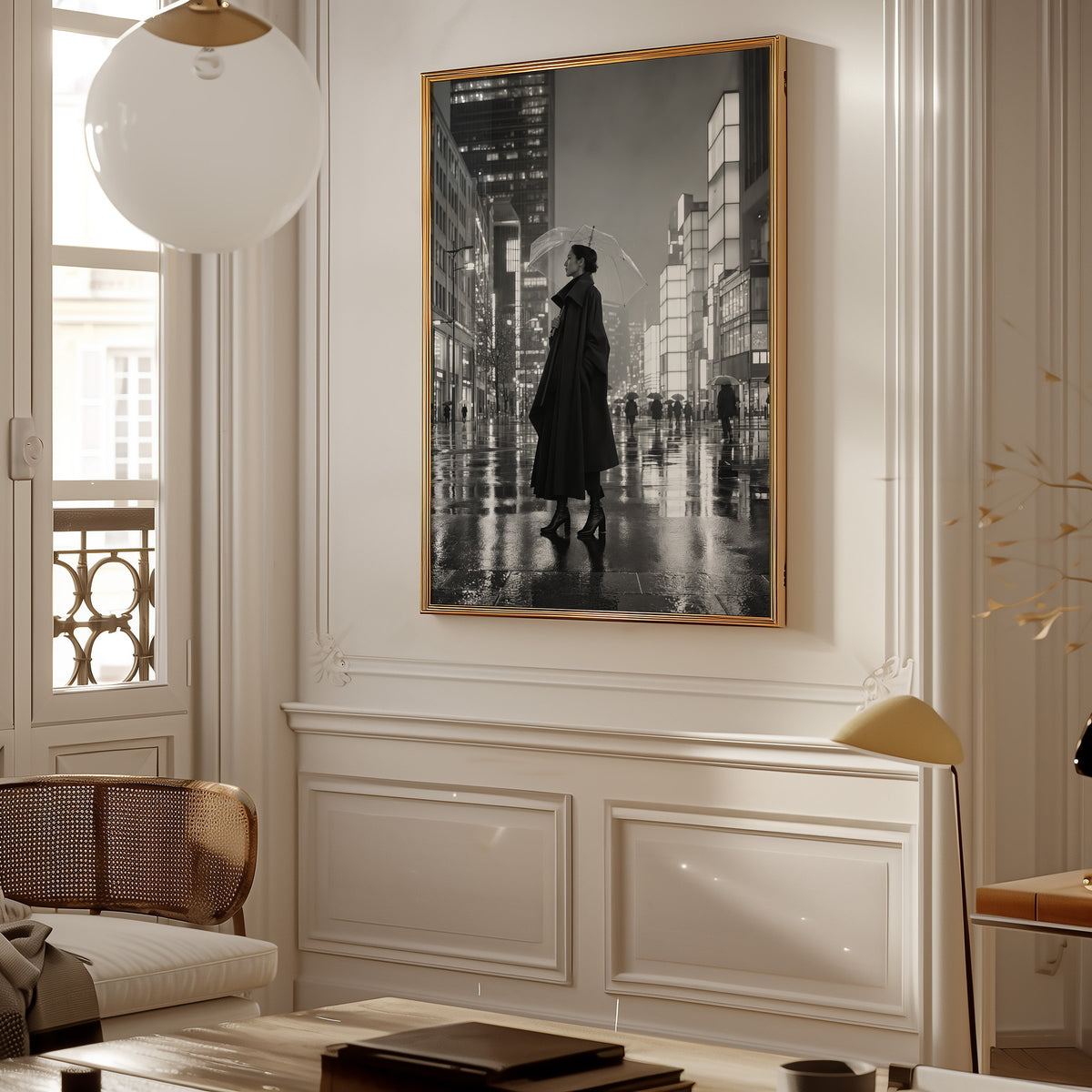 Woman with clear umbrella on rainy night street print shown in a gold frame in a Parisian paneled living room