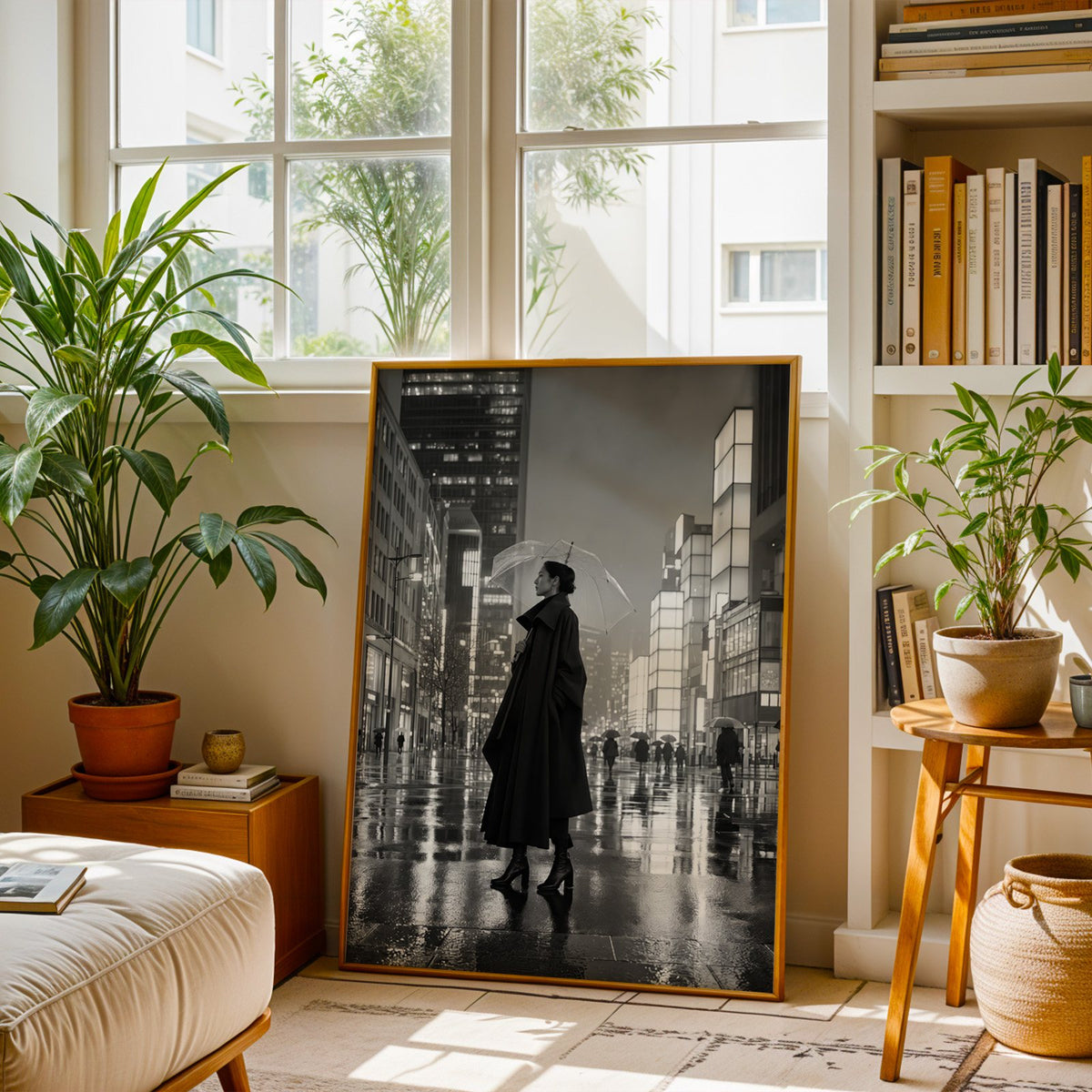 Woman with clear umbrella on rainy night street print shown in a brass frame leaning on a sunlit living room floor
