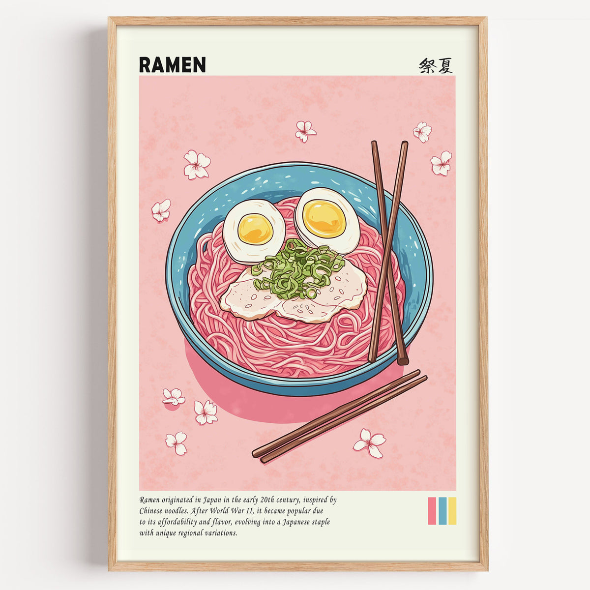 Turquoise ramen bowl with pink noodles print in a light oak frame on a plain white wall