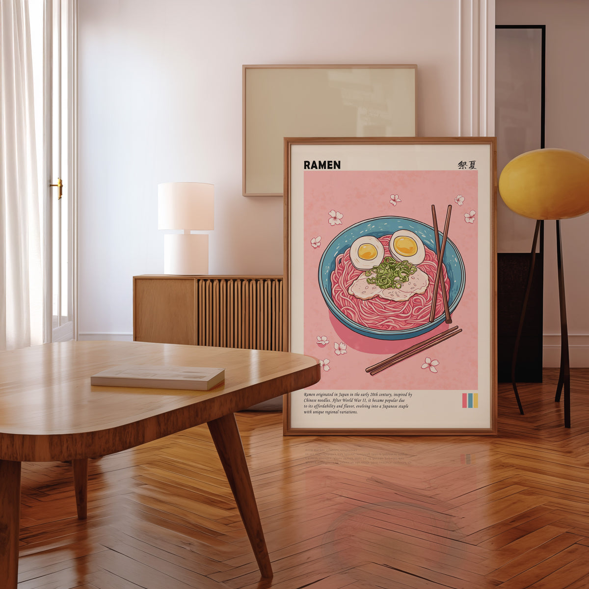 Turquoise ramen bowl with pink noodles print in a walnut frame leaning in a mid-century living room