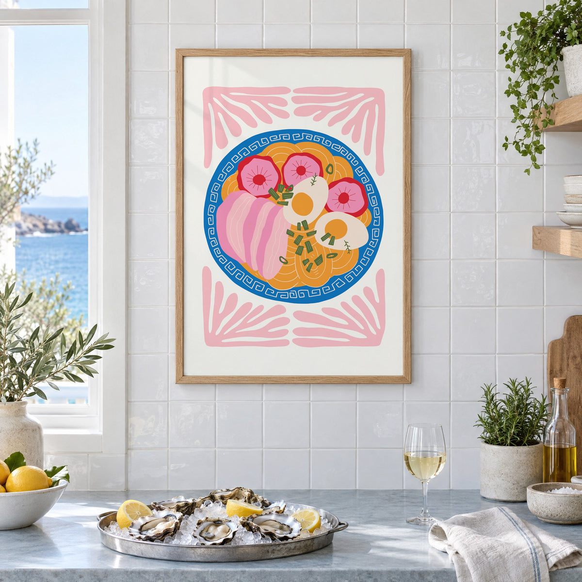 ramen bowl top view pink leaf frame print in an oak frame on white tiles above a marble counter with oysters and lemons by a sea view