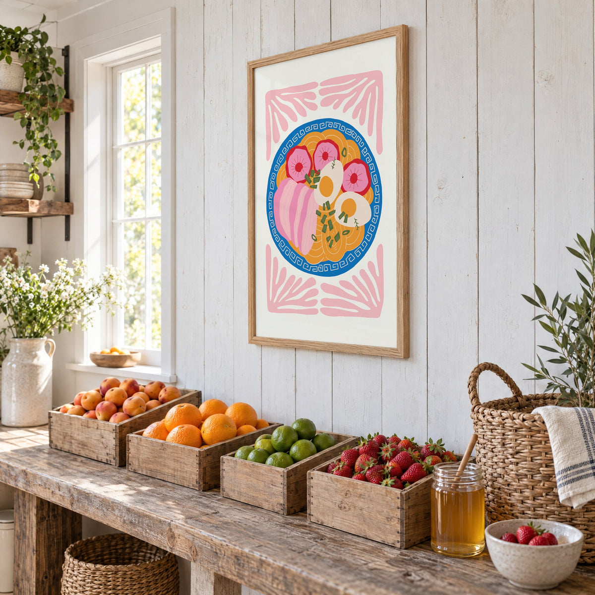 ramen bowl top view pink leaf frame print in an oak frame on white plank walls above wooden crates of fresh fruit, seen at an angle